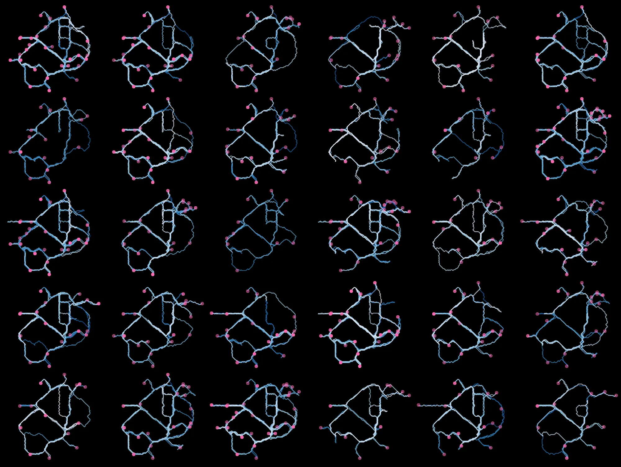 The paths of 30 random visitors through the park. Shade of blue indicate time of the day, pink dots indicate check-ins.
